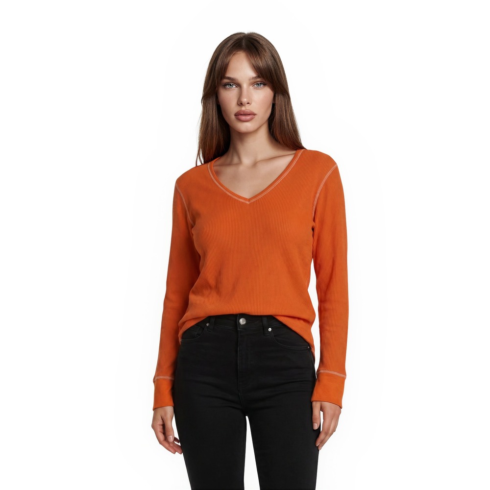 Polo Jeans Ralph Lauren Thermal Top Women's Size Large Orange V Neck Shirt